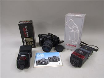 CANON EOS  CAMERA AND LENS; MIRANDA FLASH GUN; COBRA A - Miranda