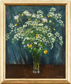 1920-2018. &quot;Bukett med akleja&quot;. Signerad och daterad Ryno 1999. Olja på duk - Ryno Frieberg