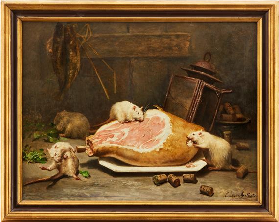 Frankrike 1800-tal. Vita möss gnager på en skinka. Signerad Léontine Malbet. Olja på duk - Aurélie Léontine Malbet