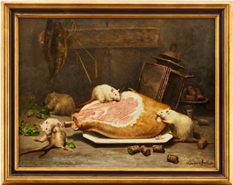 Frankrike 1800-tal. Vita möss gnager på en skinka. Signerad Léontine Malbet. Olja på duk - Aurélie Léontine Malbet