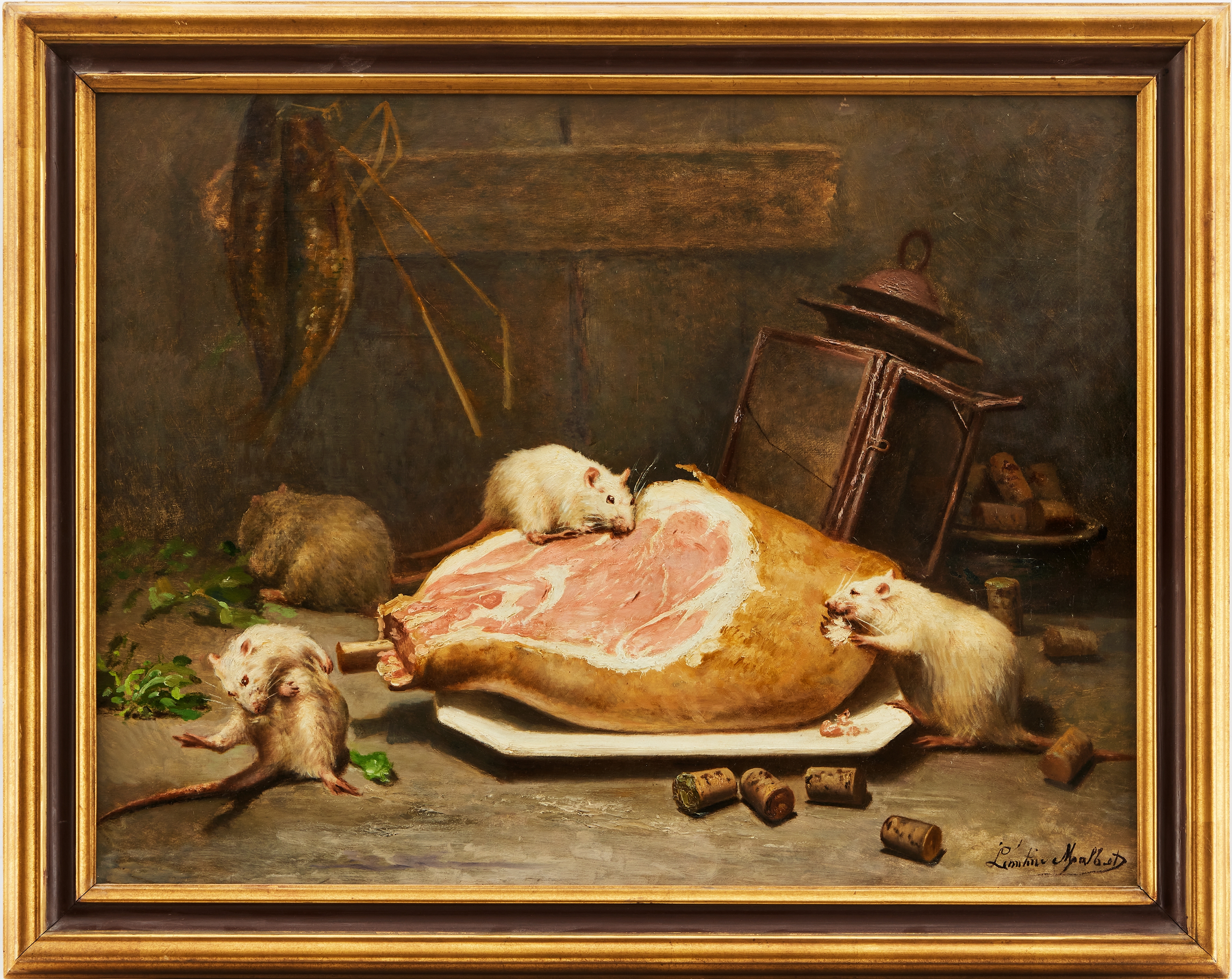Artwork by Aurélie Léontine Malbet, Frankrike 1800-tal. Vita möss gnager på en skinka. Signerad Léontine Malbet. Olja på duk, Made of oil on canvas