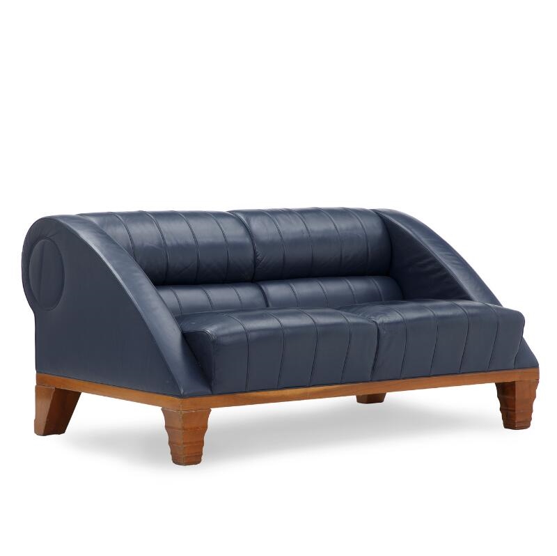 Artwork by Léon Krier, Aries, Made of cherry wood frame. Seat, sides and back upholstered with blue leather