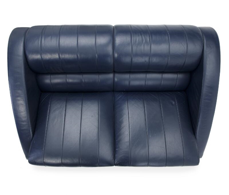 Artwork by Léon Krier, Aries, Made of cherry wood frame. Seat, sides and back upholstered with blue leather