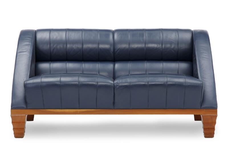 Artwork by Léon Krier, Aries, Made of cherry wood frame. Seat, sides and back upholstered with blue leather