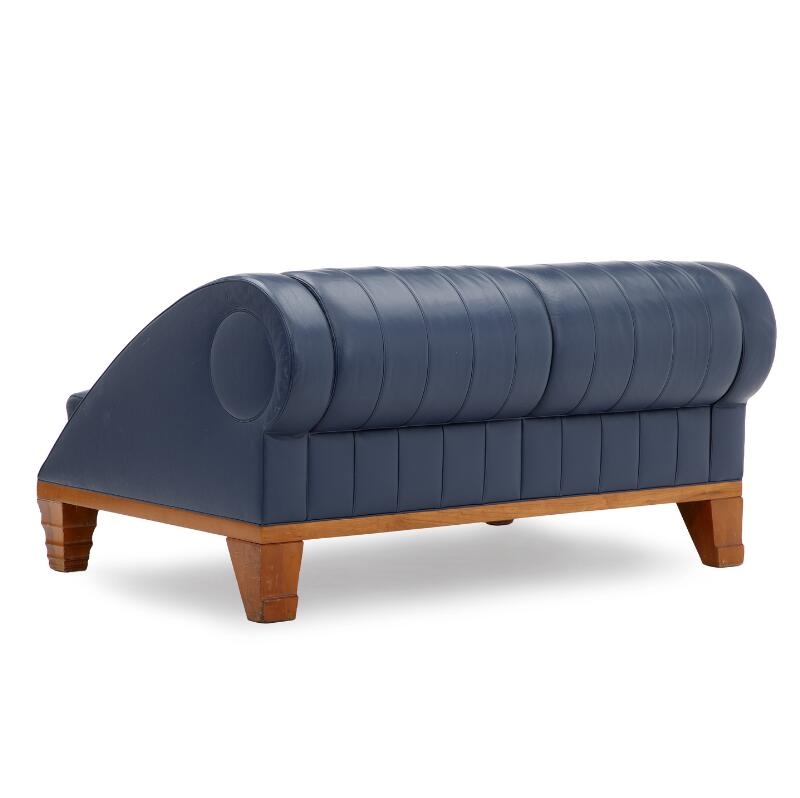 Artwork by Léon Krier, Aries, Made of cherry wood frame. Seat, sides and back upholstered with blue leather