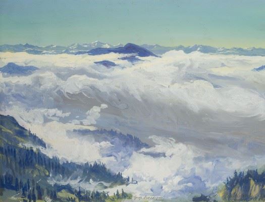 A serene landscape painting of a mountain range viewed from above the clouds.