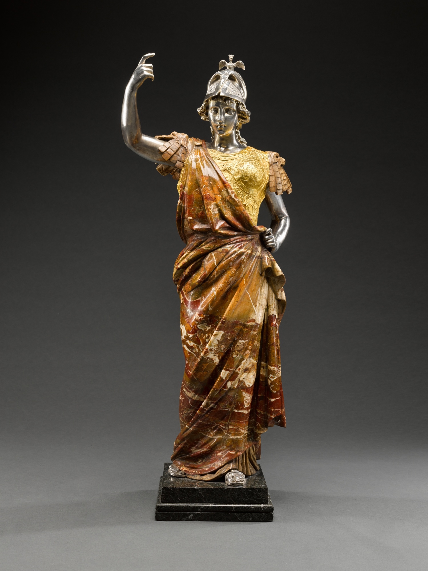 Artwork by Roman School, 19th Century, Minerva, Made of Sicilian jasper, travertine, cast silver, and hammered gold, on an integral serpentinite stone base