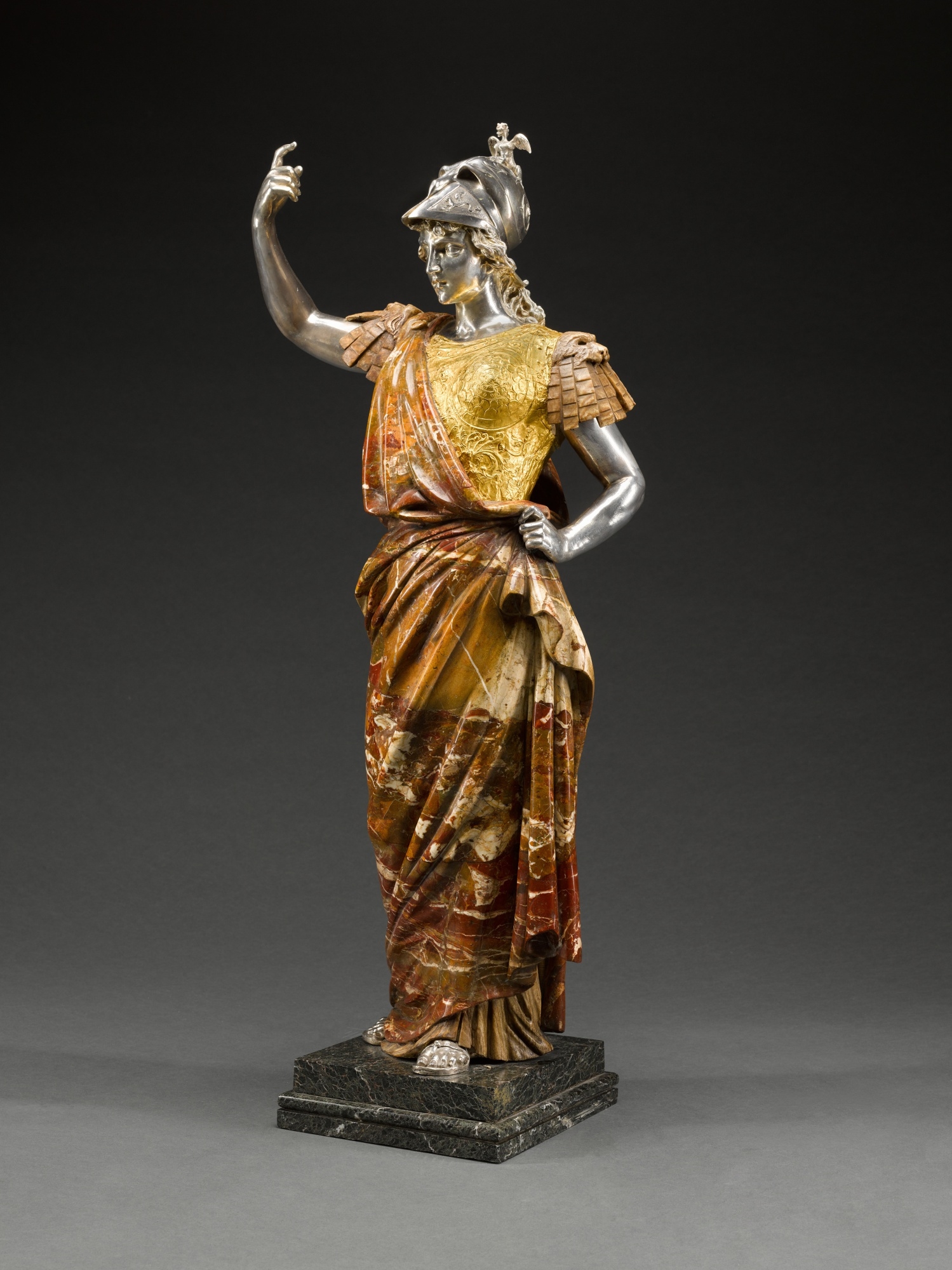 Artwork by Roman School, 19th Century, Minerva, Made of Sicilian jasper, travertine, cast silver, and hammered gold, on an integral serpentinite stone base