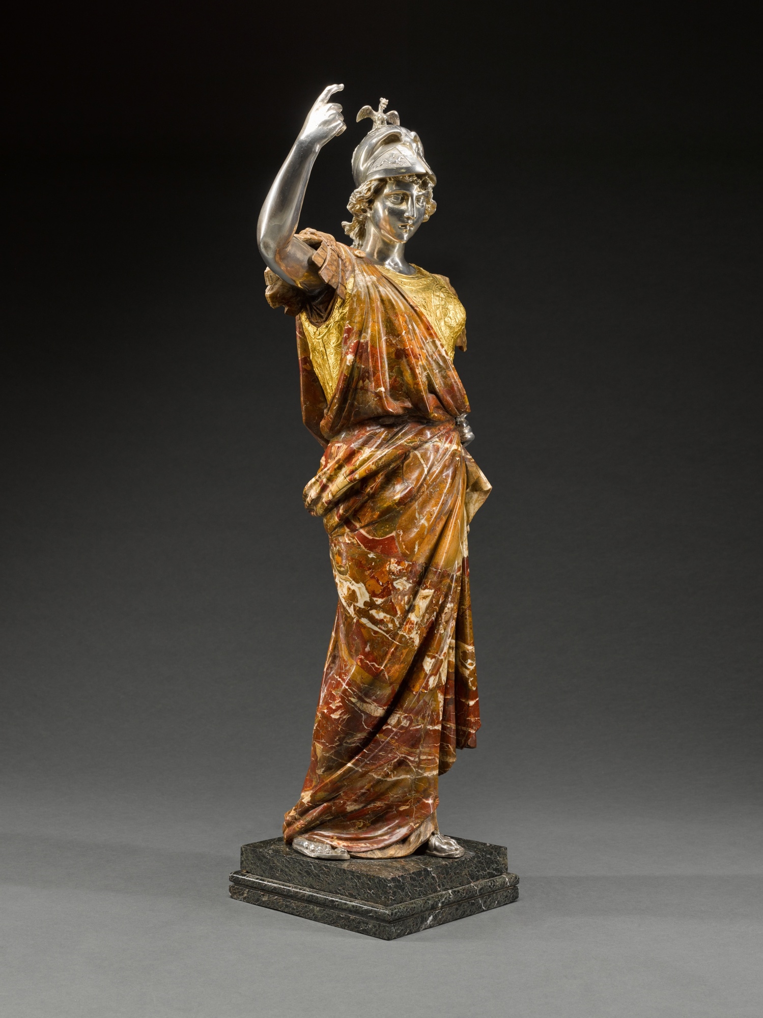 Artwork by Roman School, 19th Century, Minerva, Made of Sicilian jasper, travertine, cast silver, and hammered gold, on an integral serpentinite stone base