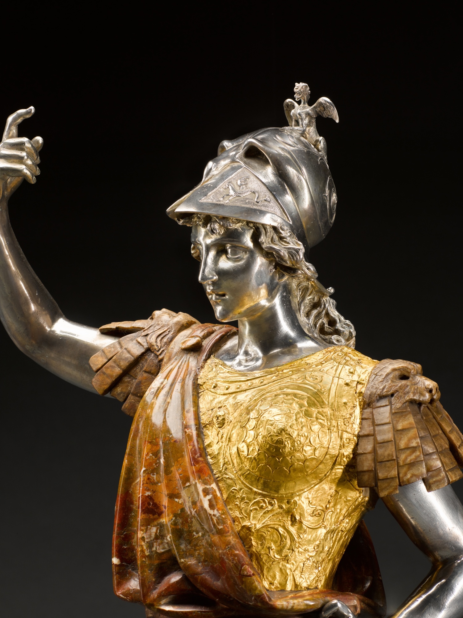 Artwork by Roman School, 19th Century, Minerva, Made of Sicilian jasper, travertine, cast silver, and hammered gold, on an integral serpentinite stone base