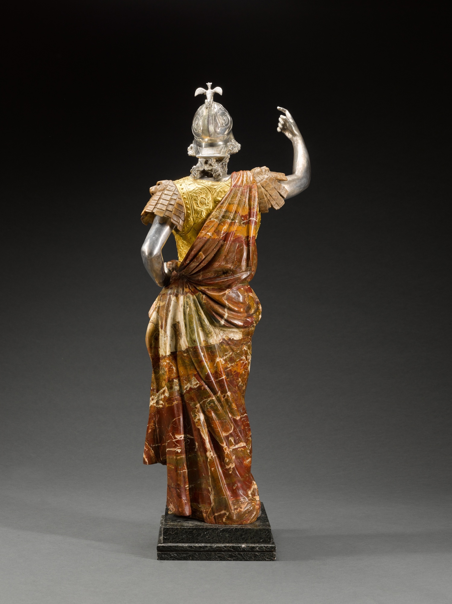 Artwork by Roman School, 19th Century, Minerva, Made of Sicilian jasper, travertine, cast silver, and hammered gold, on an integral serpentinite stone base