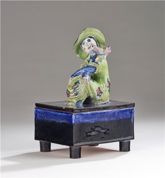 a lidded box with a sculptural female figure with a bird by Susi Singer, 1923