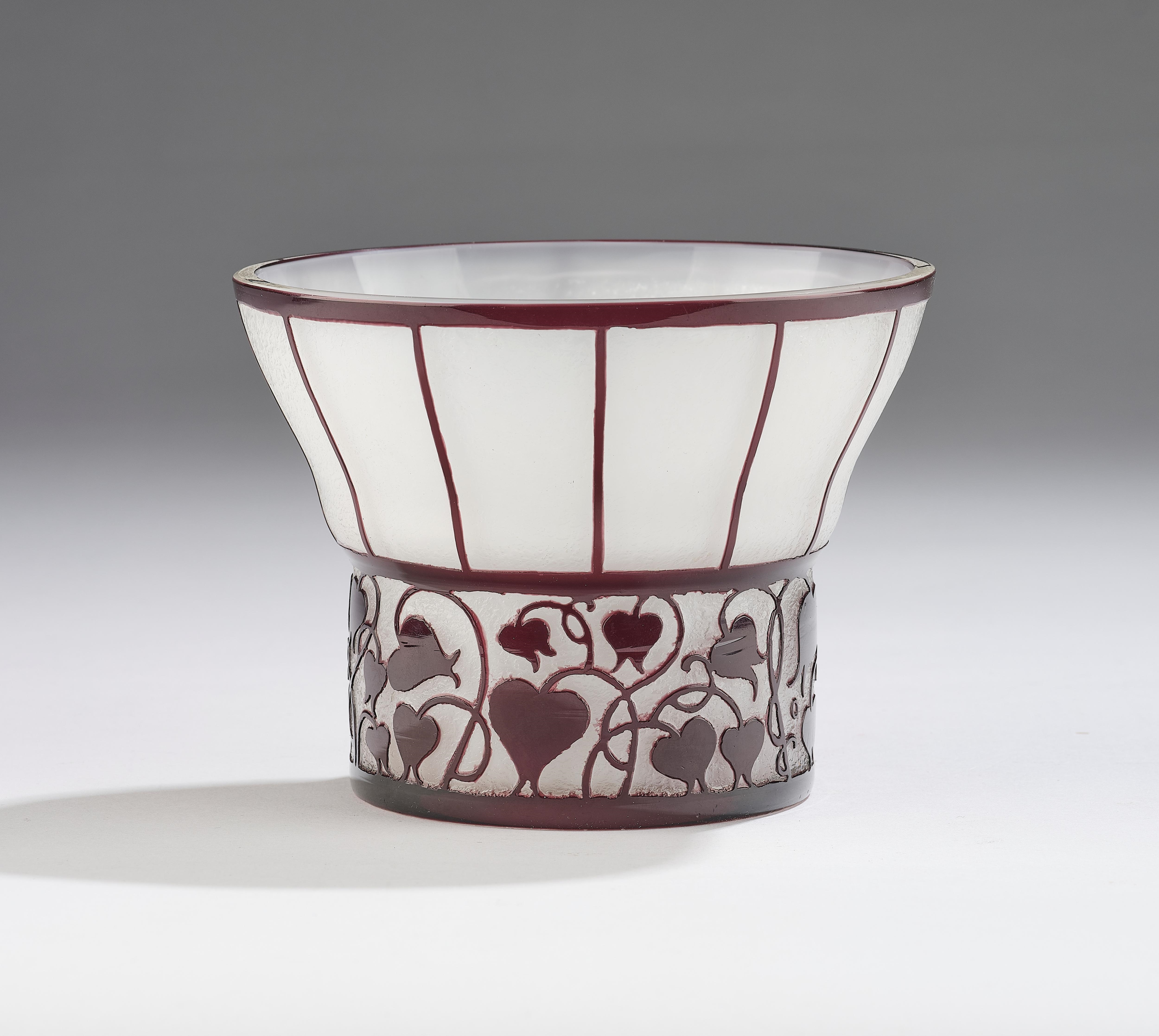 Artwork by Hans Bolek, a vase, Made of clear glass, white underlaid, thinly overlaid with brown-violet glass; decoration with bellflowers and stripes etched in two phases