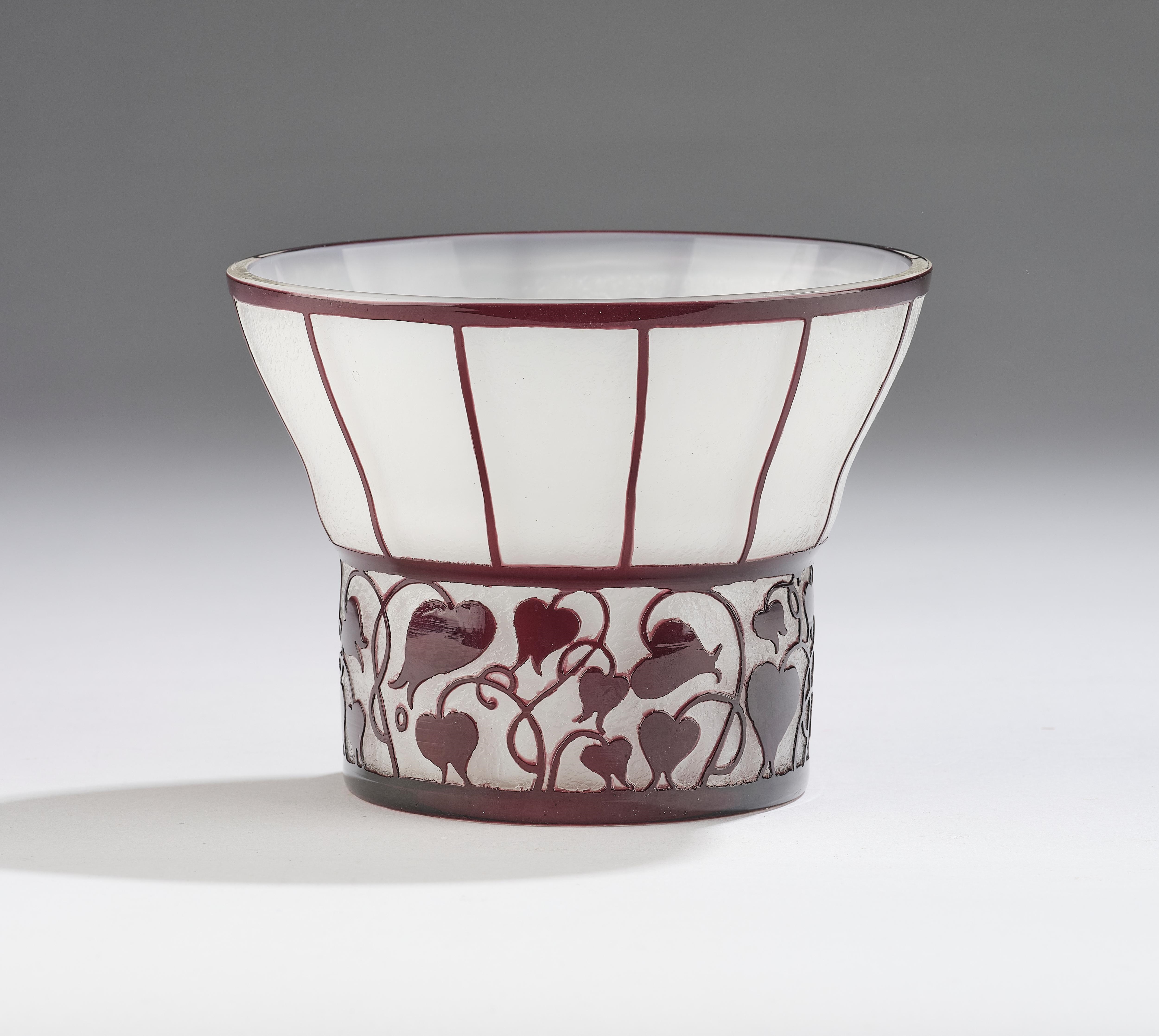 Artwork by Hans Bolek, a vase, Made of clear glass, white underlaid, thinly overlaid with brown-violet glass; decoration with bellflowers and stripes etched in two phases