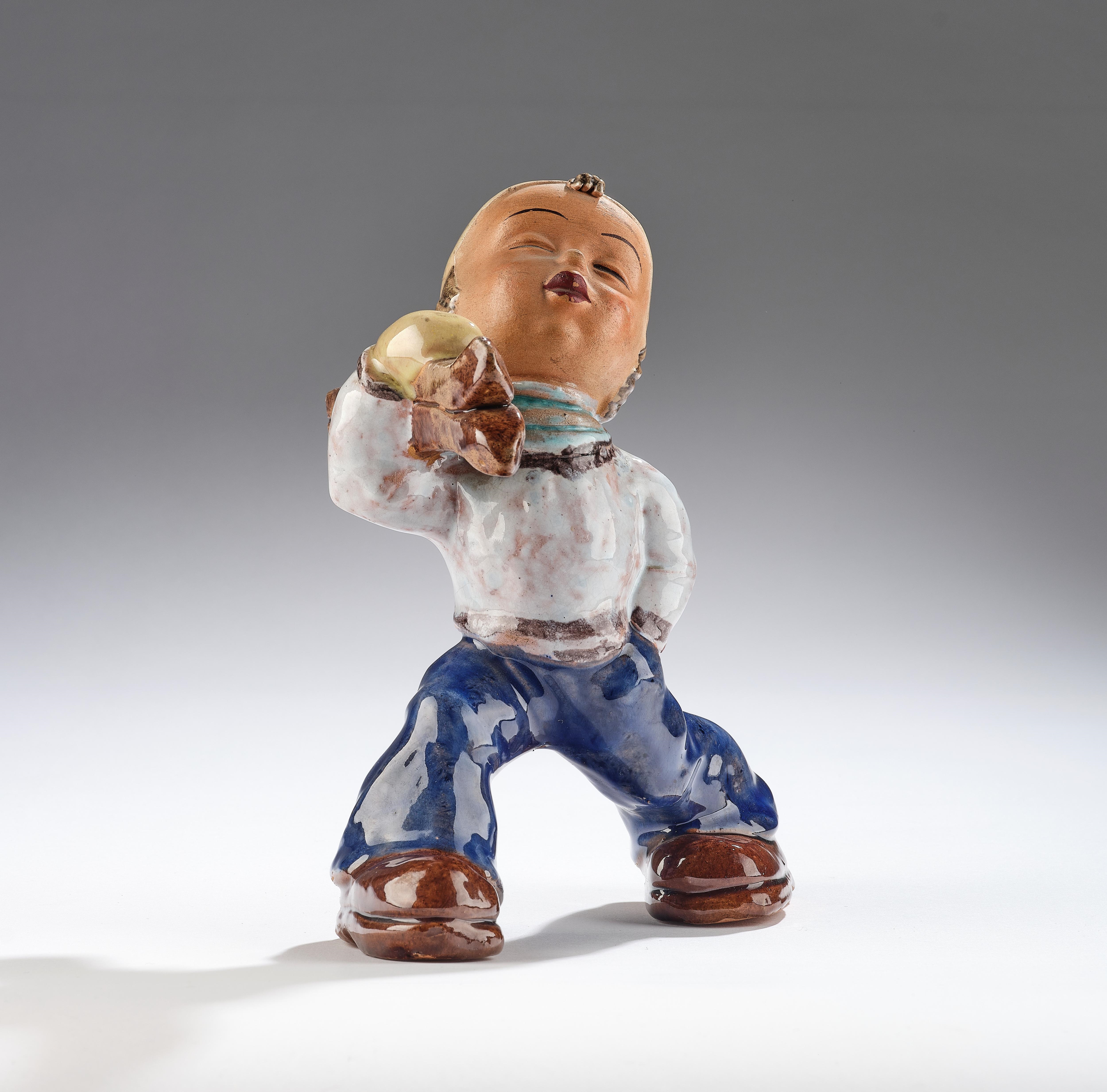 Artwork by Walter Bosse, a skier, Made of red-bodied ceramic, partly with polychrome glazes