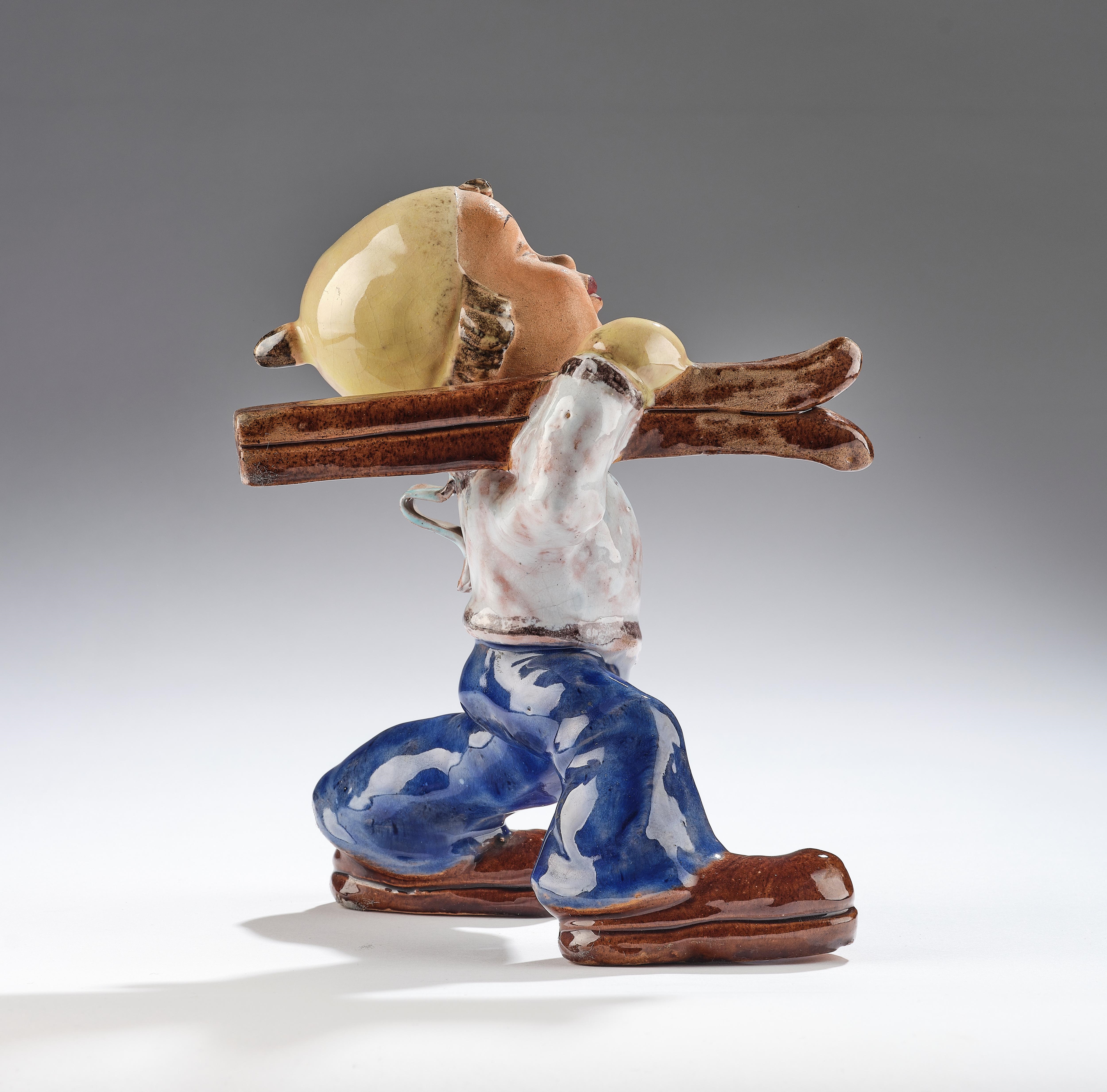 Artwork by Walter Bosse, a skier, Made of red-bodied ceramic, partly with polychrome glazes