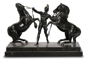 a large bronze sculpture of a horse tamer: athlete, taming two rearing horses - Theodor Stundl