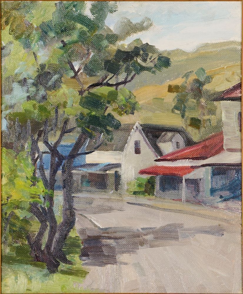 Artwork by Anna Robinson, untitled (Road and Buildings), Made of oil on board