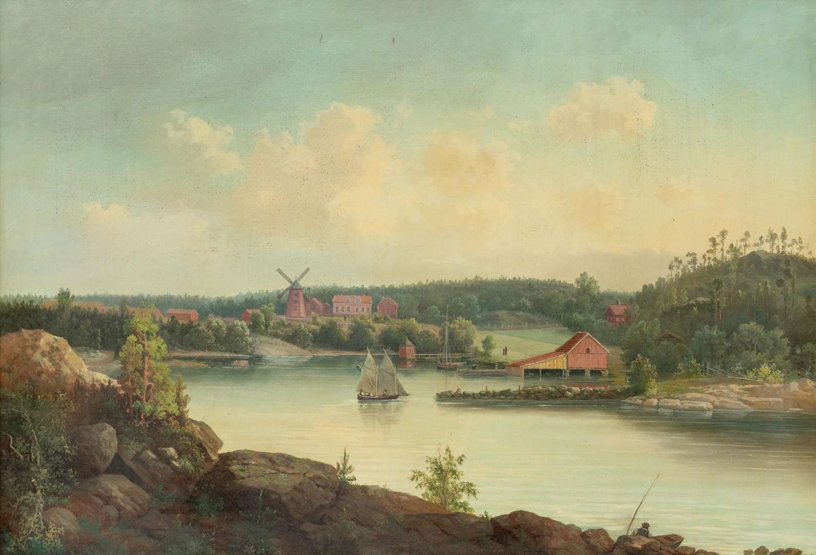 Artwork by Carl Halber, Rivierlandschap met vissers, Made of olieverf op doek