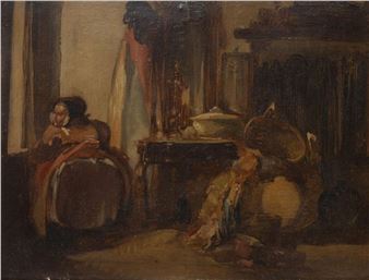 Vrouw kijkend uit het raam in een rommelig interieur - Alexander Hugo Bakker Korff