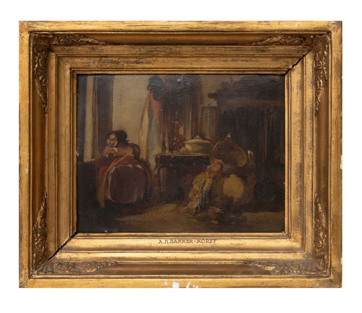 Artwork by Alexander Hugo Bakker Korff, Vrouw kijkend uit het raam in een rommelig interieur, Made of oil on thick paper,