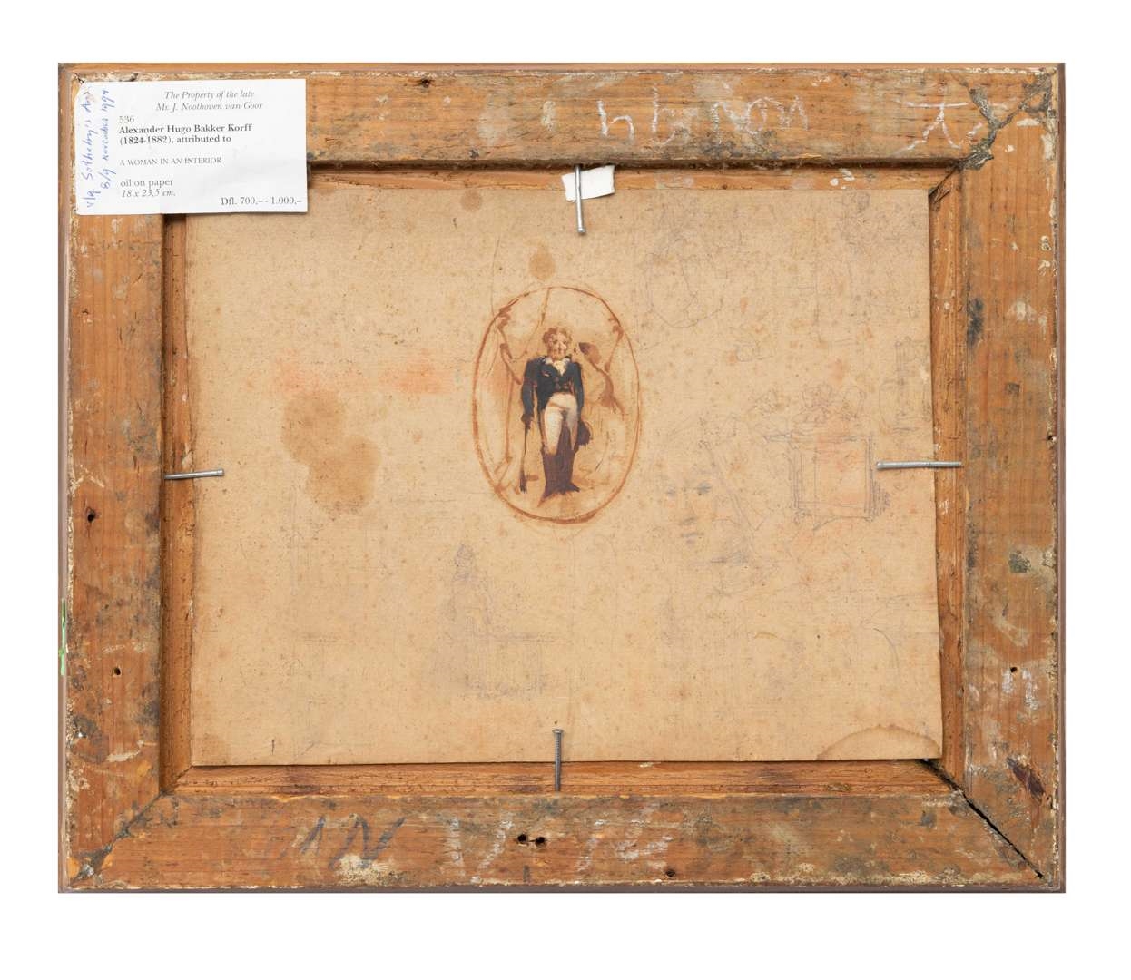 Artwork by Alexander Hugo Bakker Korff, Vrouw kijkend uit het raam in een rommelig interieur, Made of oil on thick paper,