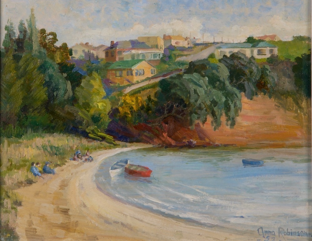 Artwork by Anna Robinson, untitled (Beach Scene), Made of oil on board