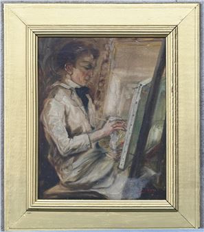 Zelfportret in het atelier’. Olieverf op doek, getekend; Oscar Hoge, geboren in Gent in 1884 en daar overleden in 1965. Hij volgde zijn opleiding aan De Academie St. Lucas in Gent. Toegevoegd enkele foto’s van de kunstenaar - Oscar Hoge