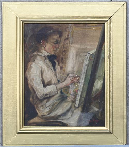 Zelfportret in het atelier’. Olieverf op doek, getekend; Oscar Hoge, geboren in Gent in 1884 en daar overleden in 1965. Hij volgde zijn opleiding aan De Academie St. Lucas in Gent. Toegevoegd enkele foto’s van de kunstenaar by Oscar Hoge, 1884