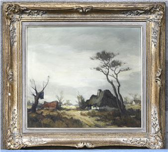 Maurice Sterck. “Heidezicht met oude hoeves”. Impressionistisch olieverfschilderij op doek. Getekend - Maurice Sterck