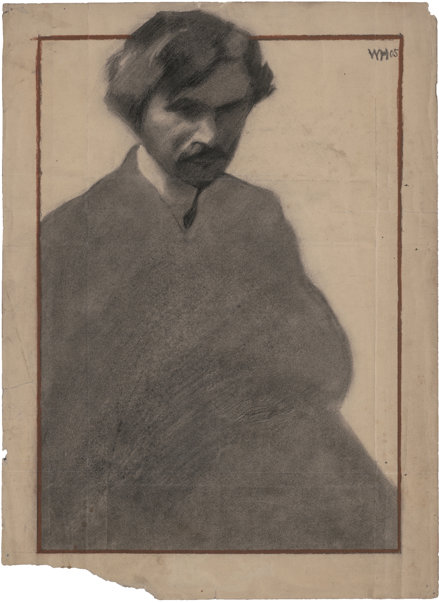 Artwork by Julius Walter Hammer, Selbstbildnis mit gesenktem Haupt, Made of Kohle auf Papier, mit Einfassungslinie in rotbrauner Deckfarbe