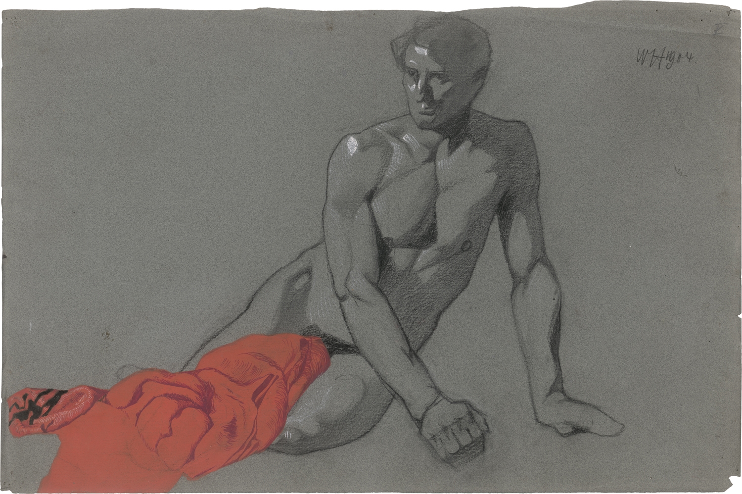 Artwork by Julius Walter Hammer, Akt mit rotem Tuch, Made of Schwarze Kreide, Deckweiß, Gouache und Feder in Rot auf graublauem Papier