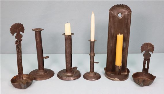 6) 19th C. Tin Candlesticks & Betty Lamps - Betty Dolan