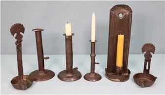 6) 19th C. Tin Candlesticks & Betty Lamps - Betty Dolan
