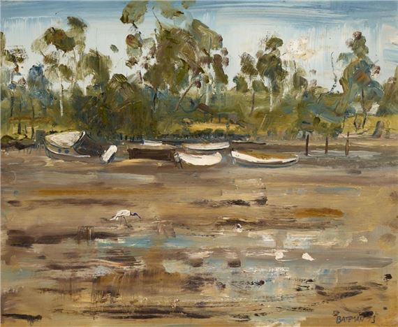 River Boats and Wading Bird by Piers Bateman, 1973