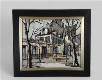 Benches, lights and trees on sidewalk - Fabien Claude