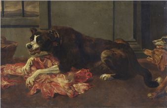 Interior scene with dogs fighting over meat - Pieter Boel