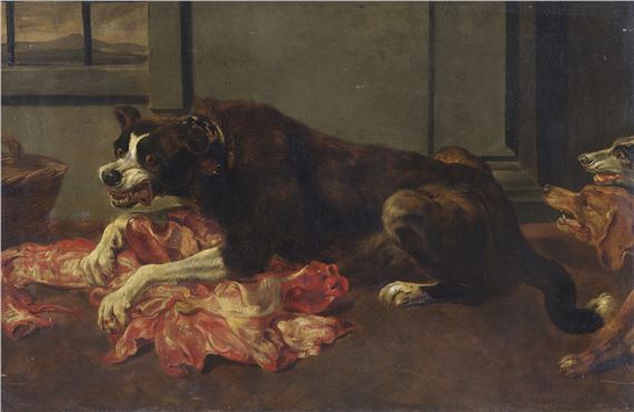 Interior scene with dogs fighting over meat - Pieter Boel