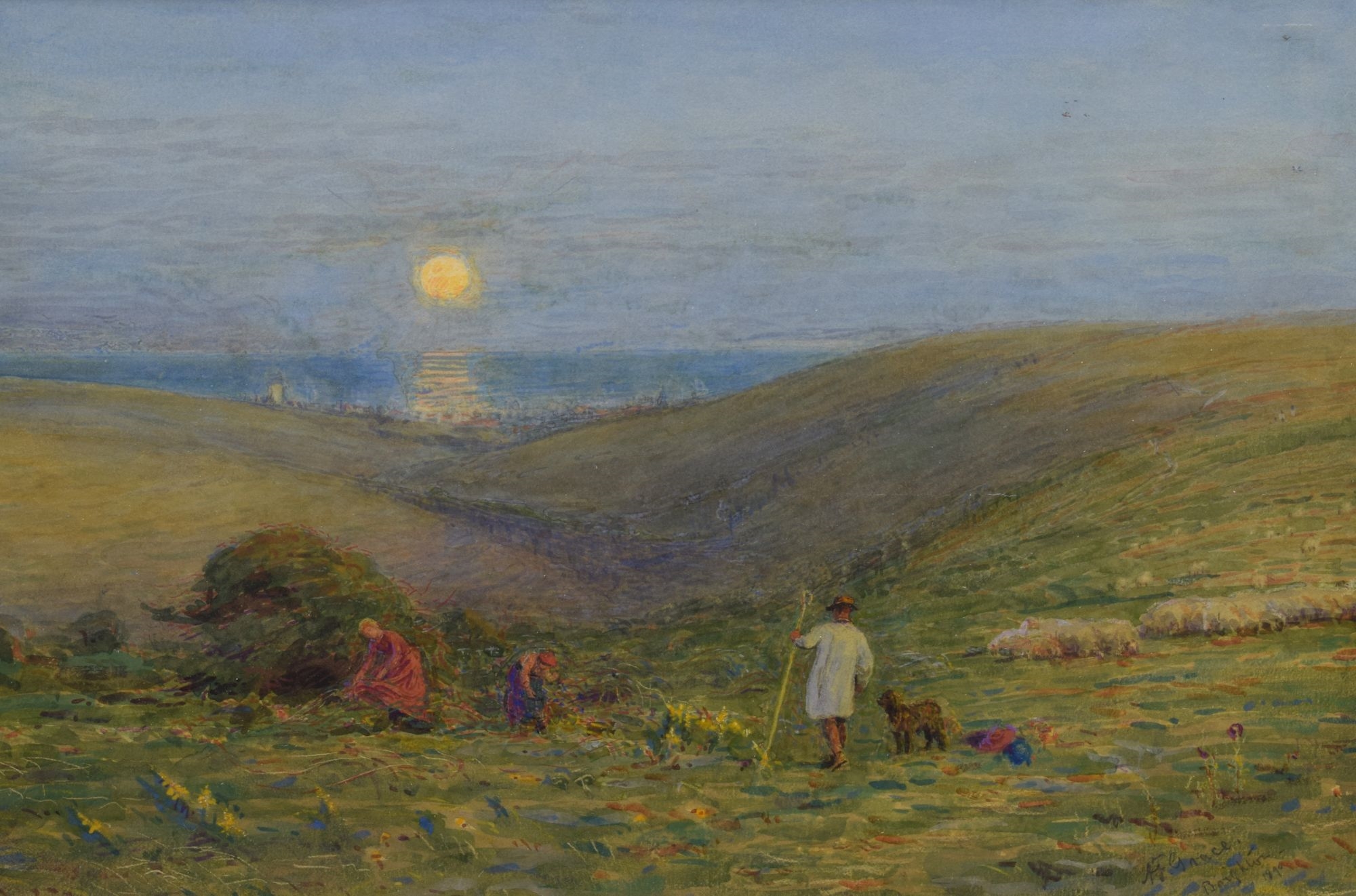 Artwork by Alfred Fitzwalter Grace, A shepherd and figures on a clifftop, Made of watercolour