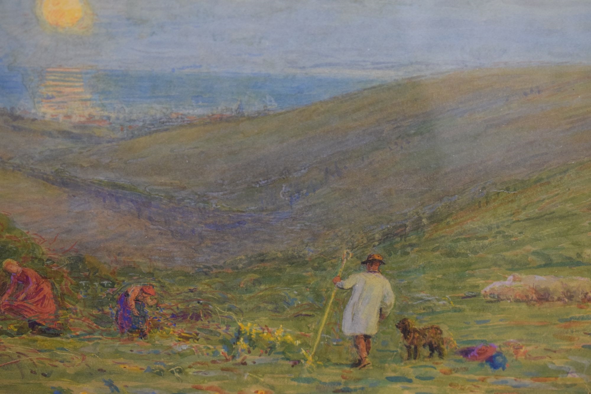 Artwork by Alfred Fitzwalter Grace, A shepherd and figures on a clifftop, Made of watercolour