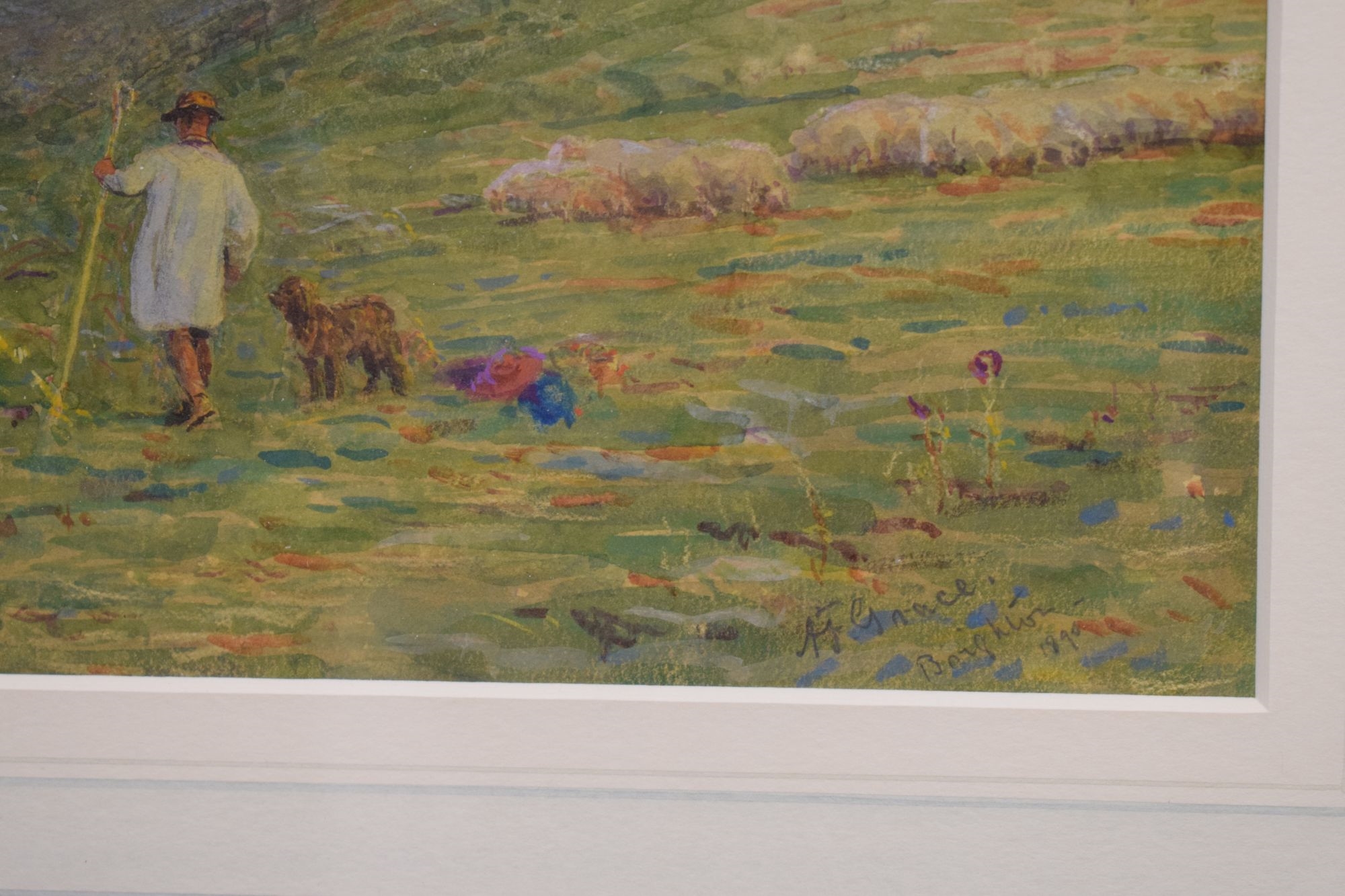 Artwork by Alfred Fitzwalter Grace, A shepherd and figures on a clifftop, Made of watercolour