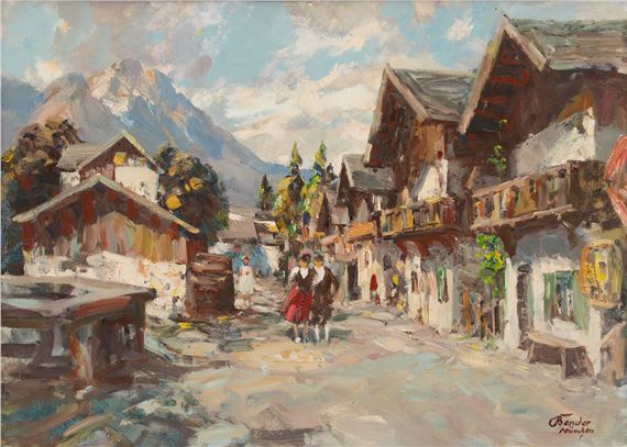 Stanislaw Bender (Polish/German, 1882-1975) Oil on Canvas 1950-1960, 'Alpine Village' H 24" W 32" - Stanislaus Bender
