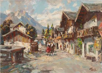 Stanislaw Bender (Polish/German, 1882-1975) Oil on Canvas 1950-1960, 'Alpine Village' H 24&quot; W 32&quot; - Stanislaus Bender