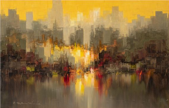 Heinz Ludwig Munnich (American, 1921-1978) Oil on Canvas 1966, 'Mid Century Modern Cityscape' H 23" W 35" by Heinz Munnich, dated 1966