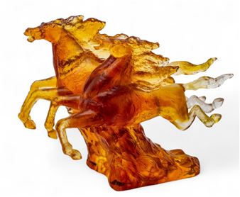Liuli Gongfang (Taiwan) Pate-de-Verre Running Horses Sculpture, 2002 H 10" W 12" Depth 6.8" - Liuli Gong Fang