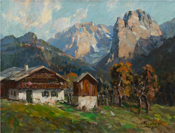 Stanislaw Bender (Polish/German, 1882-1975) Oil on Canvas 1950-1960, 'An Alpine Chalet' H 27.5" W 36" by Stanislaus Bender, 1950-1960