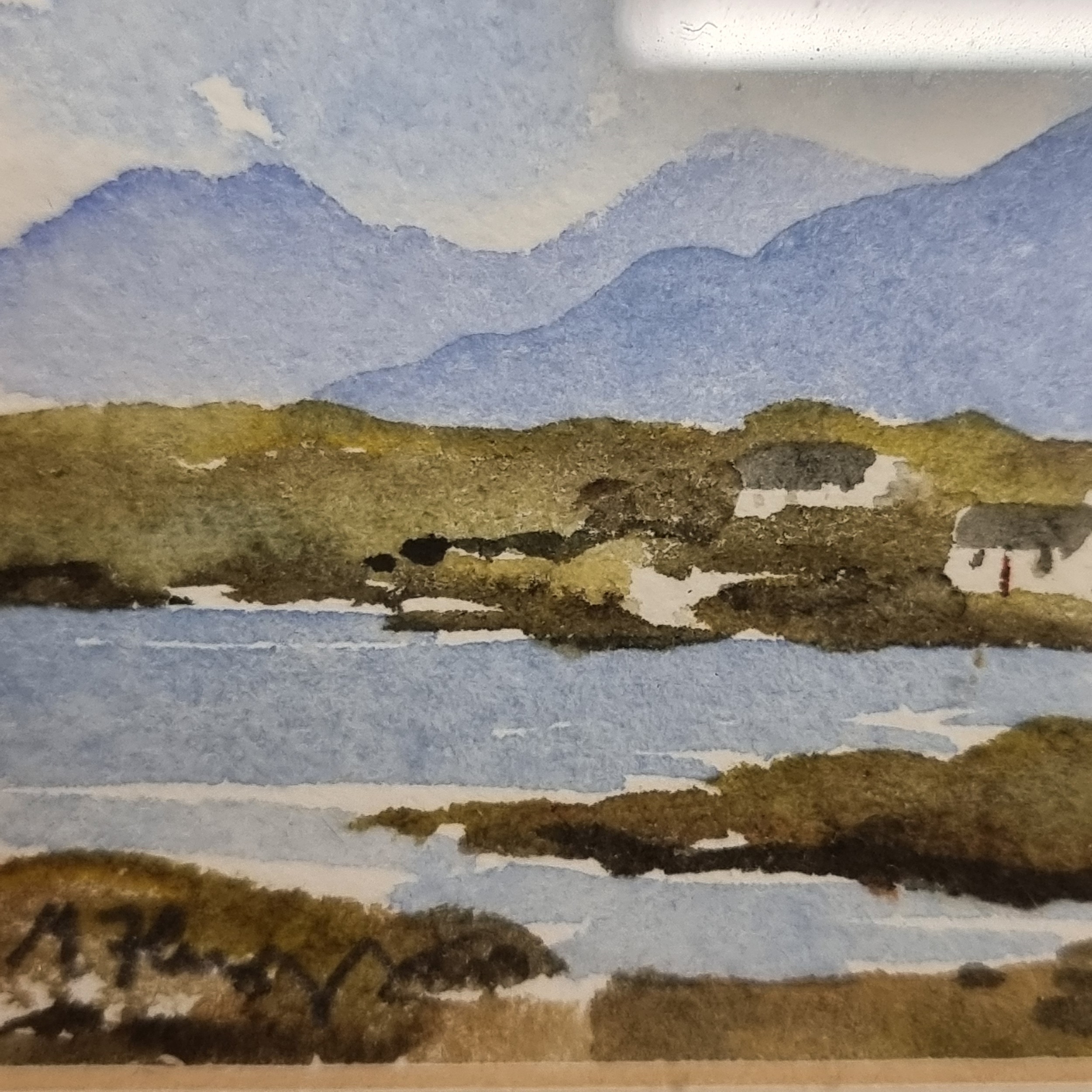 Artwork by Máire Flanagan, Cottages Connemara, Made of watercolour on paper
