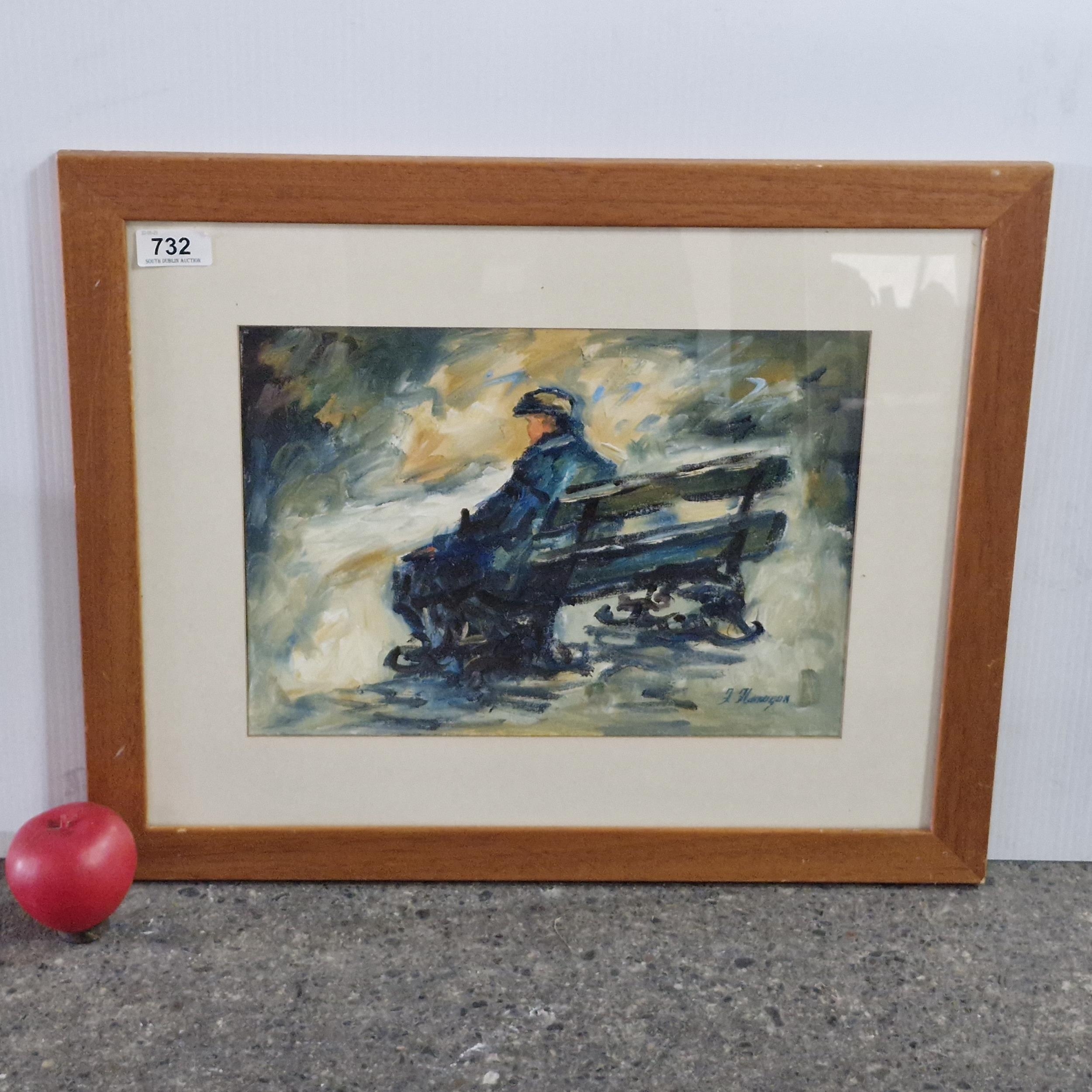 Artwork by Fidelma Flanagan, Man at the park bench, Made of oil on board