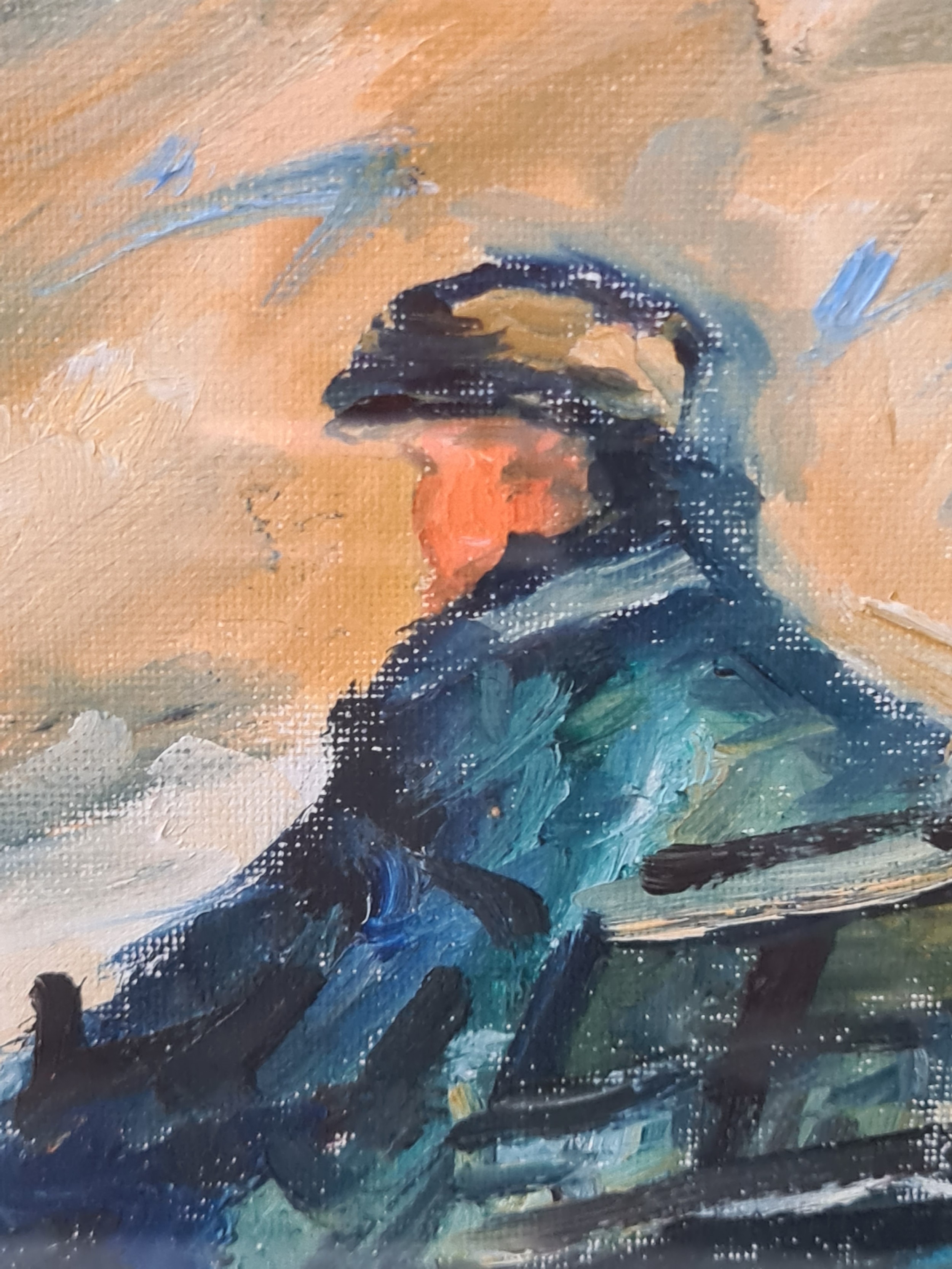Artwork by Fidelma Flanagan, Man at the park bench, Made of oil on board