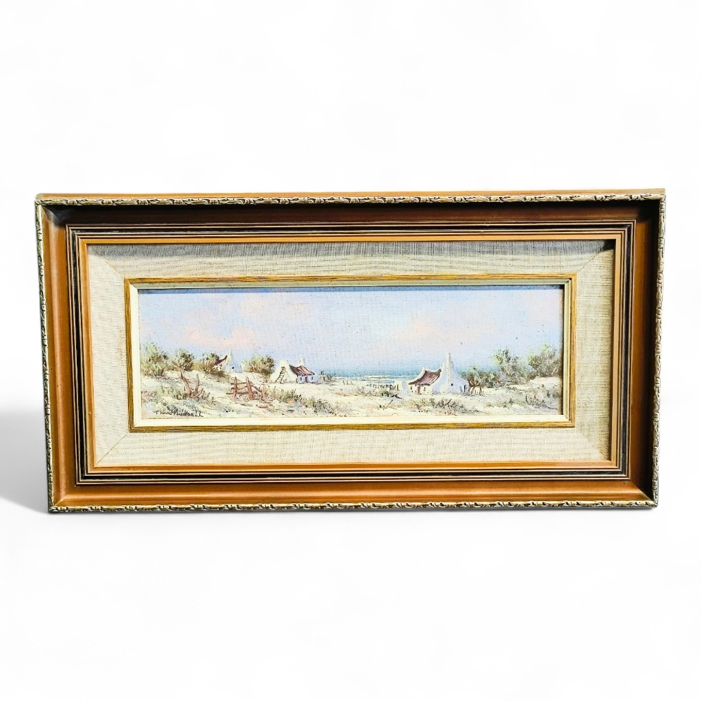Artwork by T. Wood Hundell, ORNATELY CARVED FRAMED PAINTING OF FISHERMEN'S HOUSES ON THE SHORE SIGNED BY T WOOD HUNDELL, Made of PAINTING